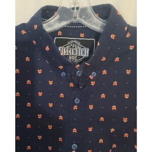 DESCENDENT NYC Mens Slim Fit Short Sleeve Button Up Shirt L Fox Print Navy Blue